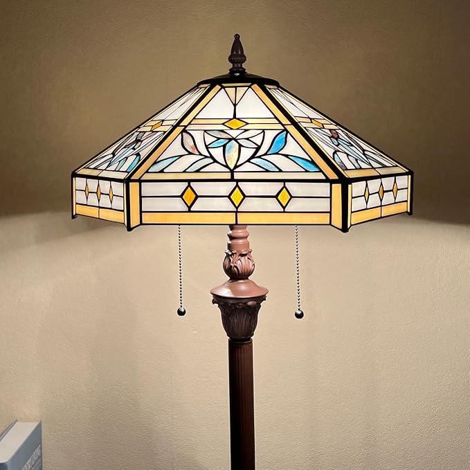 Capulina Tiffany Floor Lamp 2-Light 16X16X63 Inches Mission Hexagon Style Stained Glass Standing Reading Light for Living Room Bedroom Home Office - LeafyLoom