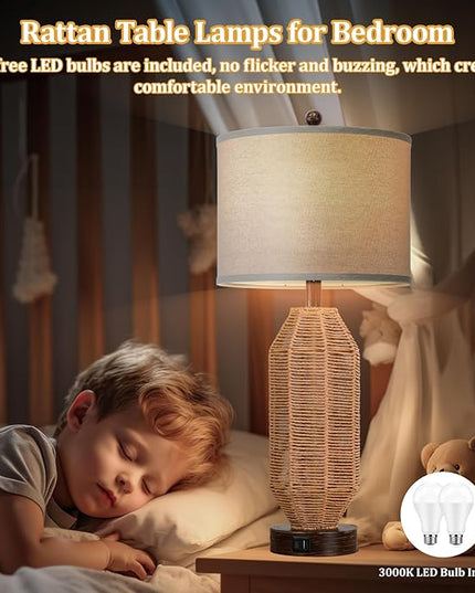 27.5” Tall Rattan Table lamps Set of 2, Wicker Lamps with USB C+A Ports, Farmhouse Boho Bedside Lamps with Linen Lampshade, Rotary Switch Nightstand Lamps for Bedroom Living Room A19 LED Bulb Included - LeafyLoom