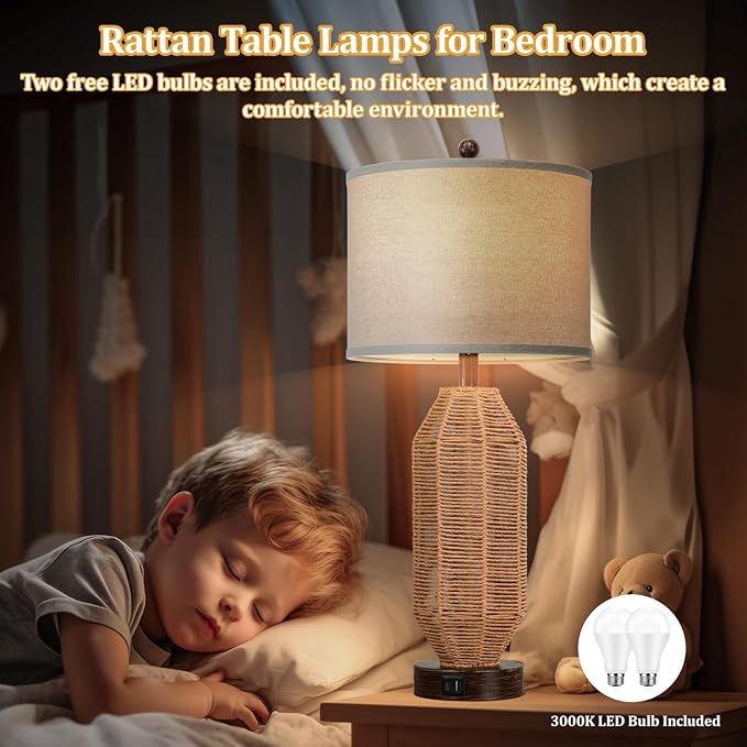 27.5” Tall Rattan Table lamps Set of 2, Wicker Lamps with USB C+A Ports, Farmhouse Boho Bedside Lamps with Linen Lampshade, Rotary Switch Nightstand Lamps for Bedroom Living Room A19 LED Bulb Included - LeafyLoom