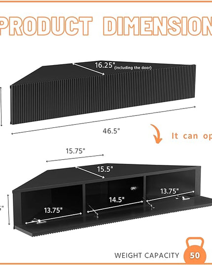 24/7 Shop at Home French 47 inch Modern Floating TV Console Table with 3D Wavy Panel Door, Wood Entertainment Center with Storage Space, Wall Corner Shelf for Living Room, Bedroom, Office, Black Pure - LeafyLoom