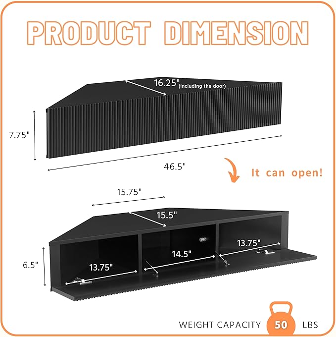 24/7 Shop at Home French 47 inch Modern Floating TV Console Table with 3D Wavy Panel Door, Wood Entertainment Center with Storage Space, Wall Corner Shelf for Living Room, Bedroom, Office, Black Pure - LeafyLoom