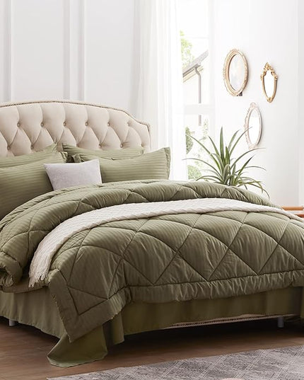 NexHome Queen Comforter Set, 7-Pieces Olive Green Bed in a Bag Queen Size Reversible Comforter All Season Soft Bedding Sets with Comforter, Flat Sheet, Fitted Sheet, Pillowcases & Shams - LeafyLoom