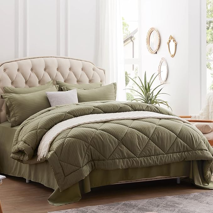 NexHome Queen Comforter Set, 7-Pieces Olive Green Bed in a Bag Queen Size Reversible Comforter All Season Soft Bedding Sets with Comforter, Flat Sheet, Fitted Sheet, Pillowcases & Shams - LeafyLoom