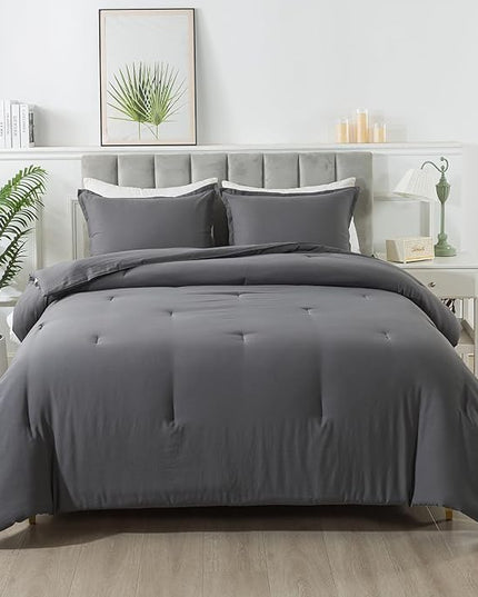 Dark Gray Comforter Set Queen, Solid Grey Down Alternative Bedding Comforter Set, Breathable Fluffy Microfiber Comforter Set (90"x90") for All Seasons with Pillowcase… - LeafyLoom