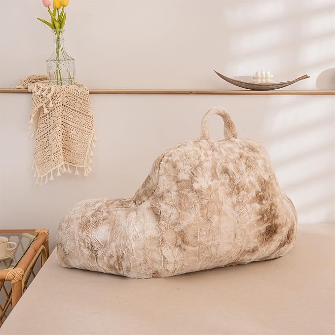 A Nice Night Faux Fur Soft Reading Pillow Bed Wedge Adult Backrest with Arms Back Support for Sitting Up in Bed/Couch for Bedrest, Tie Dyed Khaki - LeafyLoom