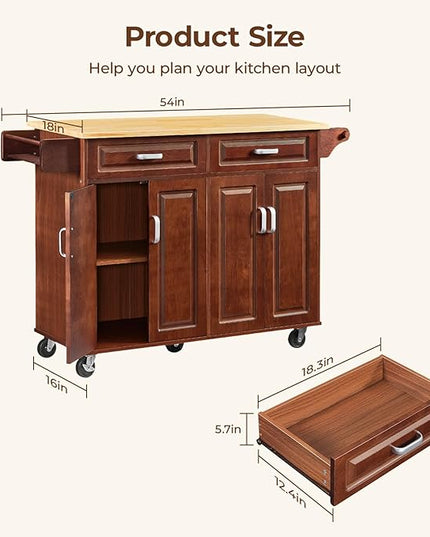 54“ Large Kitchen Island with Storage, Kitchen Cart on Wheels with 2 Large Drawers, Adjustable Shelf Inside Cabinet, Spice Rack & Towel Rack, Simple Design Rolling Island Table for Kitchen - LeafyLoom