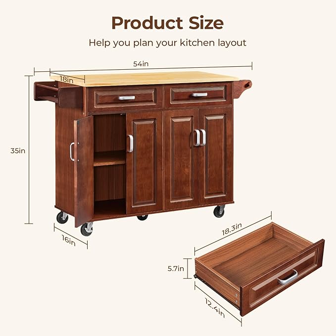 54“ Large Kitchen Island with Storage, Kitchen Cart on Wheels with 2 Large Drawers, Adjustable Shelf Inside Cabinet, Spice Rack & Towel Rack, Simple Design Rolling Island Table for Kitchen - LeafyLoom