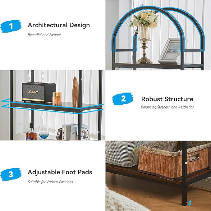 BRIAN & DANY Bookshelf, 4 Tier Tall Black Bookcase Metal Book Shelf, Larger Compartments Arched Display Shelves Open Storage Rack Shelving for Home Office, Bedroom, Living Room, Study, Antique - LeafyLoom