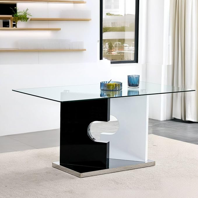 NicBex Large Modern Minimalist Rectangular Glass Dining Table for 6-8 with 0.39" Tempered Glass Tabletop and MDF Slab Special-Shaped Bracket for Kitchen Dining Room Banquet Hall, White + Black - LeafyLoom