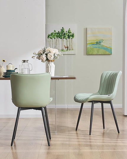 YOUNUOKE Dining Chairs Set of 2 Upholstered Mid Century Modern Kitchen Chair Armless Faux Leather Side Chairs with Padded Back Metal Legs for Living Room Bedrooms Mint Light Sage Green - LeafyLoom