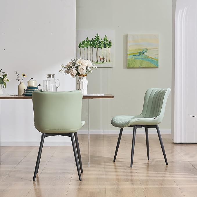 YOUNUOKE Dining Chairs Set of 2 Upholstered Mid Century Modern Kitchen Chair Armless Faux Leather Side Chairs with Padded Back Metal Legs for Living Room Bedrooms Mint Light Sage Green - LeafyLoom