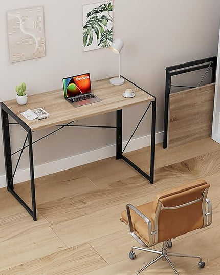 Coavas 31.5 inch Folding Desk No Assembly Required, Writing Computer Desk Space Saving Foldable Table Simple Home Office Desk, Beech - LeafyLoom