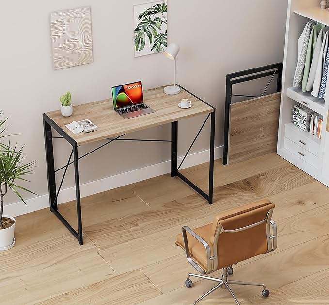 Coavas 31.5 inch Folding Desk No Assembly Required, Writing Computer Desk Space Saving Foldable Table Simple Home Office Desk, Beech - LeafyLoom