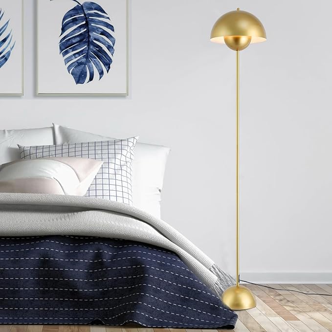 Modern Floor Lamp for Bedroom, 63'' Industrial Corner Floor Lamp for Living Room, Metal Arched Shade Tall Standing Lamp for Office, Reflecting Light Reading Floor Lamp, Gold - LeafyLoom