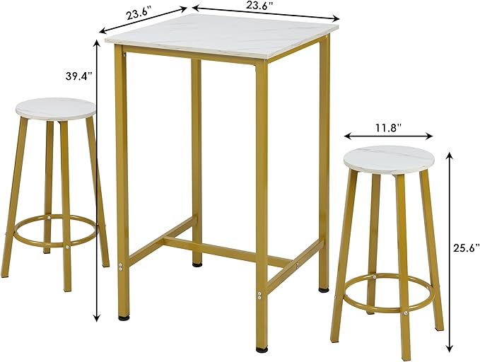 Finnhomy Bar Table Set, 23.6" Pub Table High Top Table, Square Bar Height Table, Bar Table with Stools, Kitchen Table Set for 2, Industrial Breakfast for Kitchen, Living Room, Gold - LeafyLoom