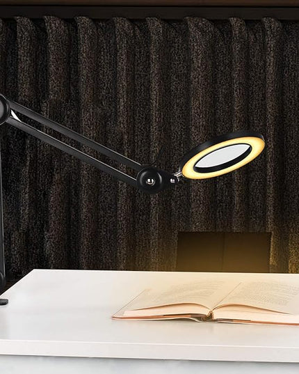 Magnifying Glass with Light and Clamp, Magnifying Lamp with 4.2'' 5X Real Glass Magnifier, 3-Color Dimmable LED Light, Premium Swing Arm Handsfree for Estheticians Crafts Hobbies Arts - LeafyLoom