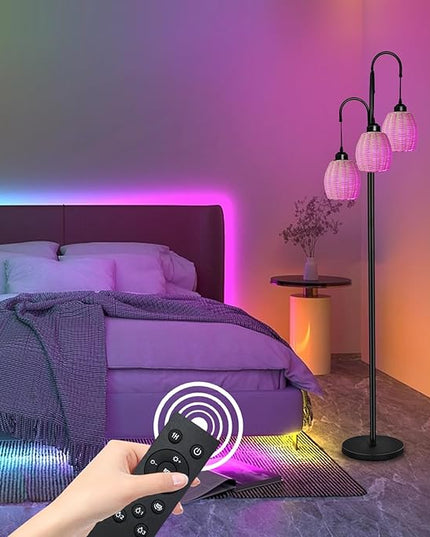 Rattan RGB Floor Lamps for Living Room with RGB LED Bulb, Dimmable Boho 3 Lights Floor lamp with App Control & Remote Control Farmhouse Stand Lamp for Bedroom，3 PCS RGB LED Bulb Included - LeafyLoom