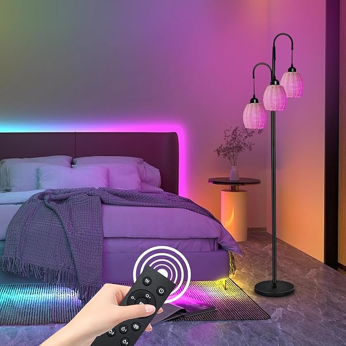 Rattan RGB Floor Lamps for Living Room with RGB LED Bulb, Dimmable Boho 3 Lights Floor lamp with App Control & Remote Control Farmhouse Stand Lamp for Bedroom，3 PCS RGB LED Bulb Included - LeafyLoom