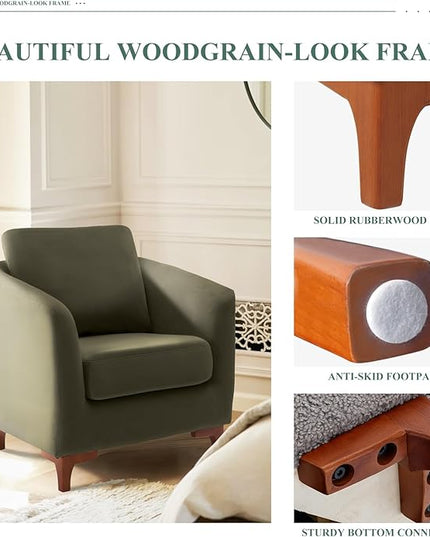 COLAMY Velvet Accent Chair with Storage Ottoman Set of 2, Upholstered Barrel Arm Chair with Footrest, Modern Living Room Chair with Back Pillow, Olive - LeafyLoom