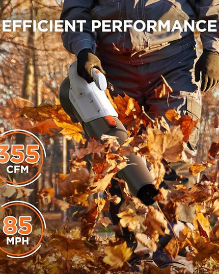 Litheli 20V Leaf Blower Cordless 2.0 Ah Battery Powered, 355CFM/85MPH & 2 Speed Levels, Handheld Electric Blowers for Lawn Care, Patio, Snow, Dust, Blowing Leaves - LeafyLoom