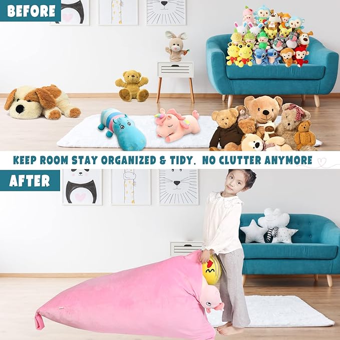 Stuffed Animal Storage Bean Bag Chair Cover, Velvet Pink Plush Toy Storage Stuff and Sit Seat Organizer for Kids/Teens/Adults, 52" x 31" Extra Large Triangle Floor Sofa, 200L/52Gal,Cover Only - LeafyLoom