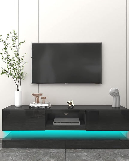 Glossy Black LED TV Stand for 75 inch TV, Modern TV Console Table with Storage and LED Lights, Gaming Media Entertainment Center for Living Room Bedroom (63 Inch, Black) - LeafyLoom