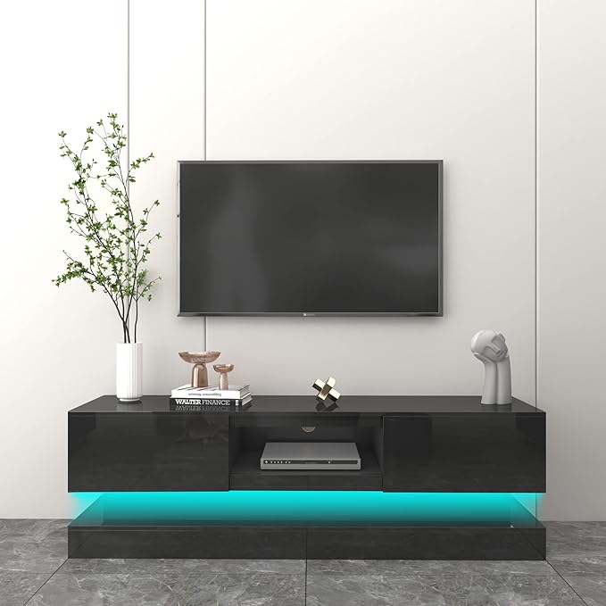 Glossy Black LED TV Stand for 75 inch TV, Modern TV Console Table with Storage and LED Lights, Gaming Media Entertainment Center for Living Room Bedroom (63 Inch, Black) - LeafyLoom