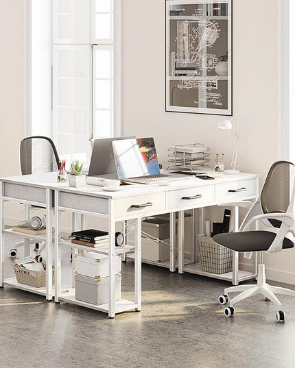 ODK Office Small Computer Desk: Home Table with Fabric Drawers & Storage Shelves, Modern Writing Desk, White, 48"x16" - LeafyLoom