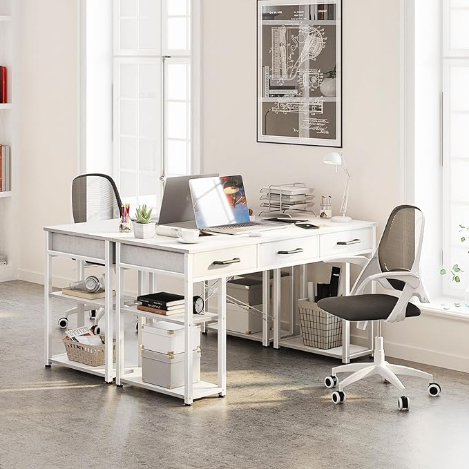 ODK Office Small Computer Desk: Home Table with Fabric Drawers & Storage Shelves, Modern Writing Desk, White, 48"x16" - LeafyLoom
