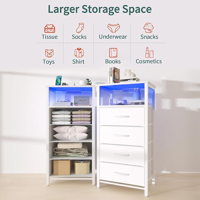 Yoobure LED Nightstand with Charging Station, Tall Dressers for Bedroom, White Night Stand with 4 Storage Drawers, Bedside Table for Closet, Fabric Side Table, End Table in Living Room - LeafyLoom
