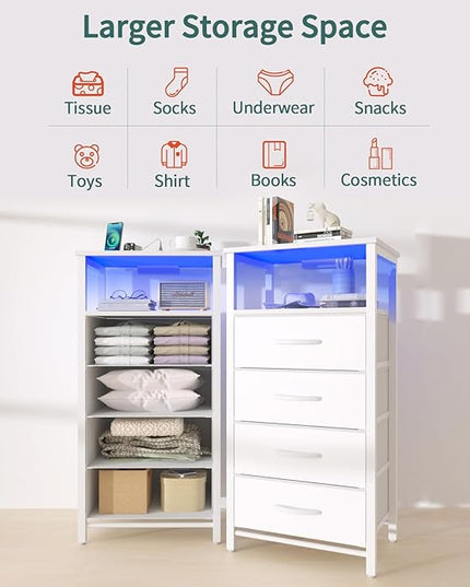 Yoobure Night Stand - LED White Nightstand with Charging Station, Bedside Table with 4 Storage Drawers and Storage Shelf, End Table with USB Ports and Outlets, Fabric Dresser for Bedroom - LeafyLoom