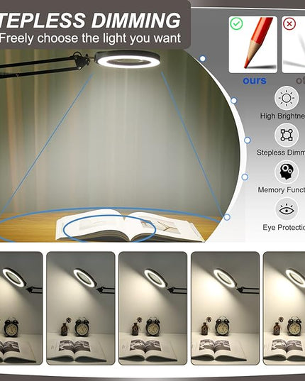 VEEMAGNI 5 Inch Large Magnifying Glass with Light and Stand, 5 Color Modes Stepless Dimmable, Long Swivel Arm LED Clamp Desk Lamp, Hands Free 10X Lighted Magnifier for Close Work Craft Hobby Soldering - LeafyLoom