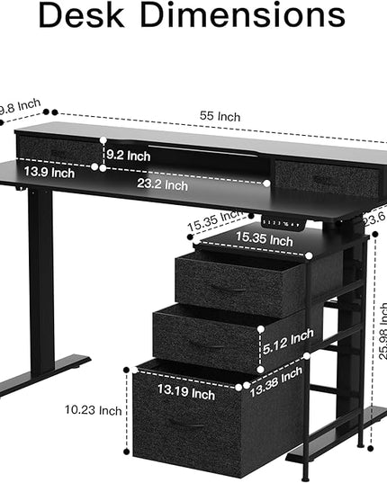 55 Inch Electric Standing Desk with Cabinet & Drawers, Height Adjustable Sit Stand Desk with Monitor Shelf, Smart Home Office Standing Computer Desk, Black - LeafyLoom