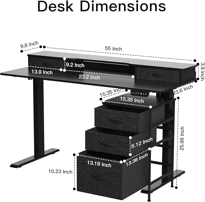 55 Inch Electric Standing Desk with Cabinet & Drawers, Height Adjustable Sit Stand Desk with Monitor Shelf, Smart Home Office Standing Computer Desk, Black - LeafyLoom