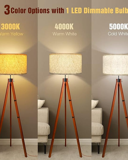 Wood Tripod Floor Lamp, 3 Color Temperatures Mid Century Modern Boho Floor Lamp, Tall Standing Lamps for Living Room Bedroom Office, Flaxen Lamp Shade with E26 Lamp Base - LeafyLoom
