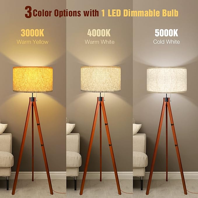 Wood Tripod Floor Lamp, 3 Color Temperatures Mid Century Modern Boho Floor Lamp, Tall Standing Lamps for Living Room Bedroom Office, Flaxen Lamp Shade with E26 Lamp Base - LeafyLoom