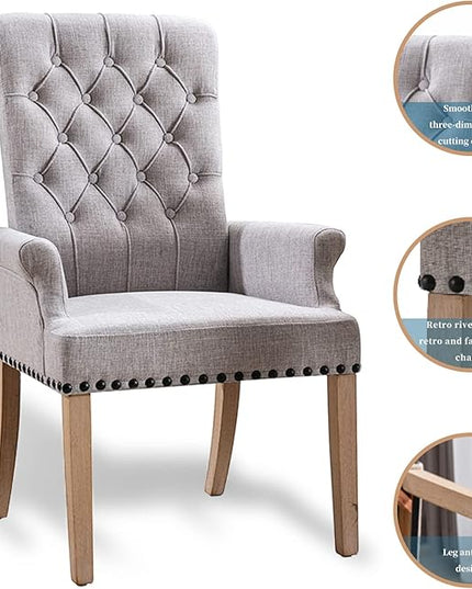 Dining Room Chairs with Arms,Tufted Upholstered High Back Nailed Trim with Untique Oak Wood Legs for Kitchen Restaurant Room Bedroom,Smoke Grey - LeafyLoom