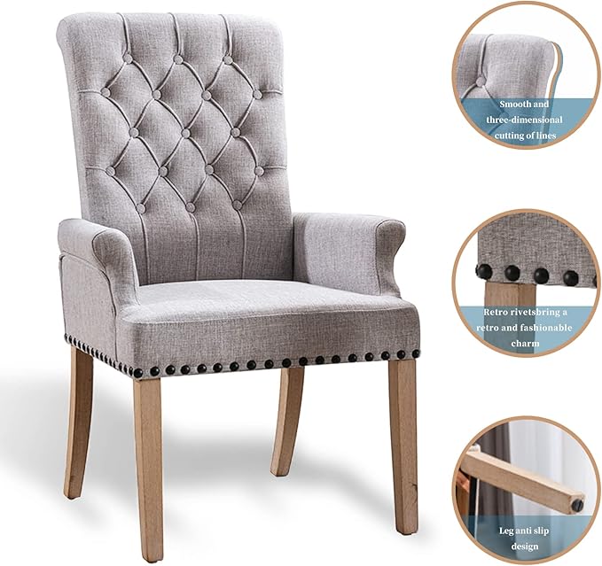 Dining Room Chairs with Arms,Tufted Upholstered High Back Nailed Trim with Untique Oak Wood Legs for Kitchen Restaurant Room Bedroom,Smoke Grey - LeafyLoom