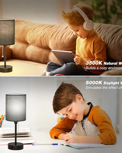 Dicoool Black Bedroom Lamps 3 Color Temperatures - 2700K 3500K 5000K Small Bedside Lamps with USB C and A Ports, Pull Chain Table Lamps with AC Outlet, Black Nightstand Lamps for Kids Sleeping - LeafyLoom