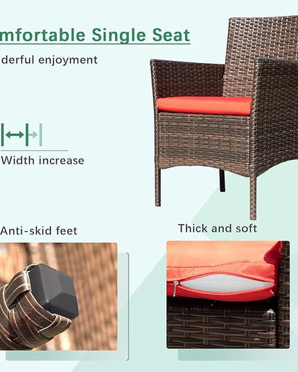 Greesum Patio Furniture 4 Pieces Conversation Sets Outdoor Wicker Rattan Chairs Garden Backyard Balcony Porch Poolside loveseat with Soft Cushion and Glass Table, Brown and Red - LeafyLoom