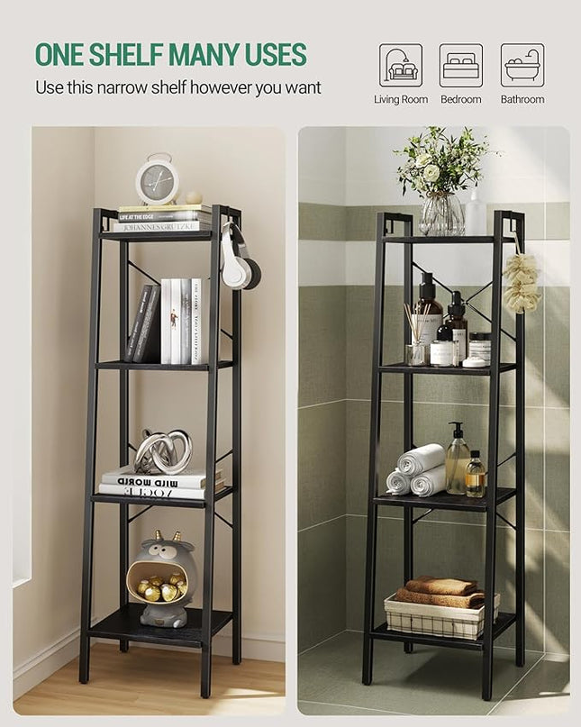 Ladder Shelf, Bookshelf Bookcase, Freestanding Corner Storage Shelve with 2 Hooks for Home Office, Living Room, Kitchen, Bedroom, Industrial, 4-Tier Black BC13204B - LeafyLoom