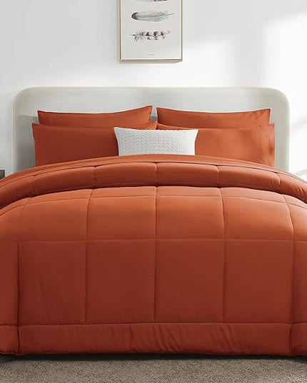 CozyLux Queen Size Comforter Set - 7 Pieces Bed in a Bag Set Burnt Orange, Bedding Sets Queen with All Season Quilted Comforter, Flat Sheet, Fitted Sheet, Pillowcases, Terracotta, Queen - LeafyLoom