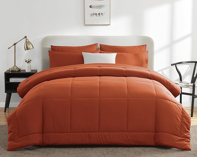 CozyLux Queen Size Comforter Set - 7 Pieces Bed in a Bag Set Burnt Orange, Bedding Sets Queen with All Season Quilted Comforter, Flat Sheet, Fitted Sheet, Pillowcases, Terracotta, Queen - LeafyLoom
