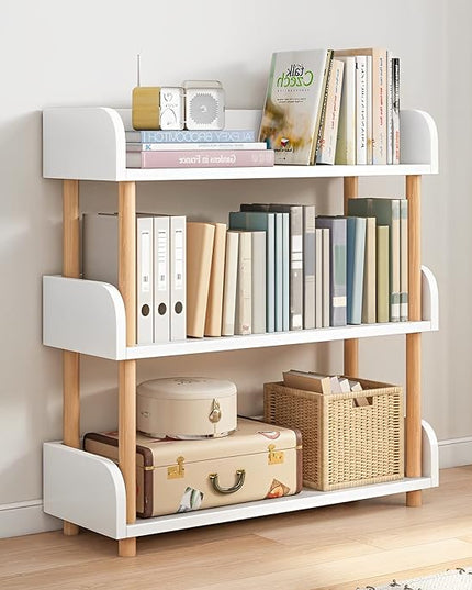 3-Tier Wooden Open Bookcase - Modern Display Bookshelf with Top Edge and Solid Wood Frame for Home and Office, Storage Cabinet, Warm White - LeafyLoom