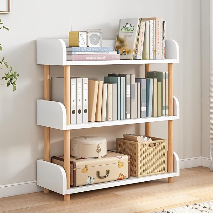 3-Tier Wooden Open Bookcase - Modern Display Bookshelf with Top Edge and Solid Wood Frame for Home and Office, Storage Cabinet, Warm White - LeafyLoom