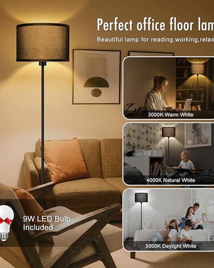 Black Floor Lamps for Living Room Bedroom, Bright Modern Standing Lamp with 3 Color Temperatures(9W Bulb), Black Lamp Shade, 59" Tall, Footswitch, Simple Reading Floor Lamps Corner Lamp for Office/Den - LeafyLoom