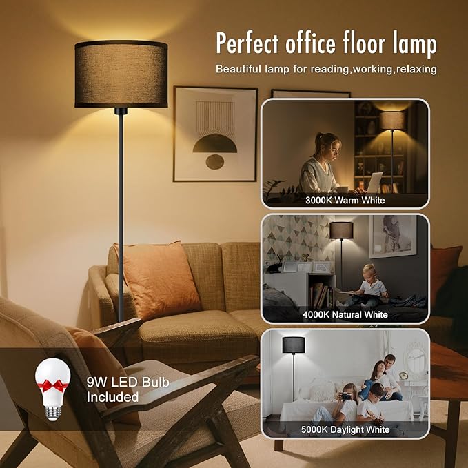 Black Floor Lamps for Living Room Bedroom, Bright Modern Standing Lamp with 3 Color Temperatures(9W Bulb), Black Lamp Shade, 59" Tall, Footswitch, Simple Reading Floor Lamps Corner Lamp for Office/Den - LeafyLoom