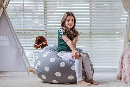 Wekapo Stuffed Animal Storage Bean Bag Chair Cover for Kids | Stuffable Zipper Beanbag for Organizing Children Plush Toys Large Premium Cotton Canvas (Gray Dot, XX-Large) - LeafyLoom