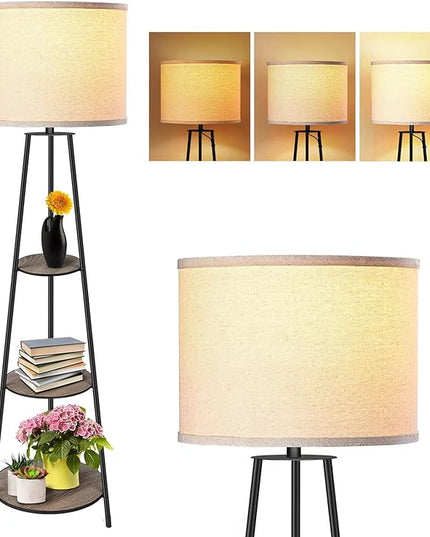 Floor Lamp, 3-Tier Round Corner Shelf Floor Lamp with 3 Dimmable Levels - Simple Standing Lamp with White Fabric Shade, Tall Modern Floor Lamps with Shelves for Bedroom, Living Room and Office - LeafyLoom