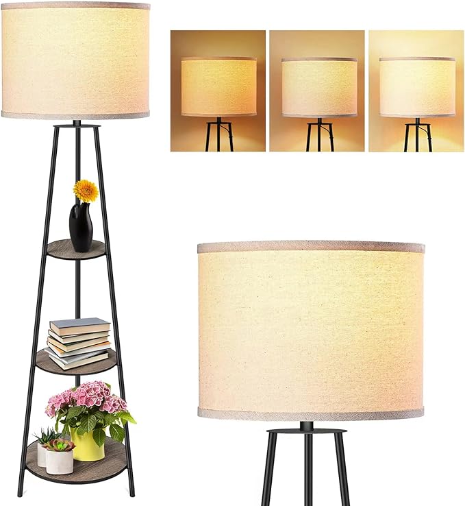 Floor Lamp, 3-Tier Round Corner Shelf Floor Lamp with 3 Dimmable Levels - Simple Standing Lamp with White Fabric Shade, Tall Modern Floor Lamps with Shelves for Bedroom, Living Room and Office - LeafyLoom